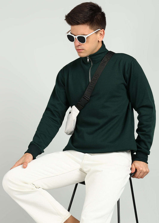 BOTTLE GREEN HALF ZIPPER SWEATSHIRT REGULAR FIT