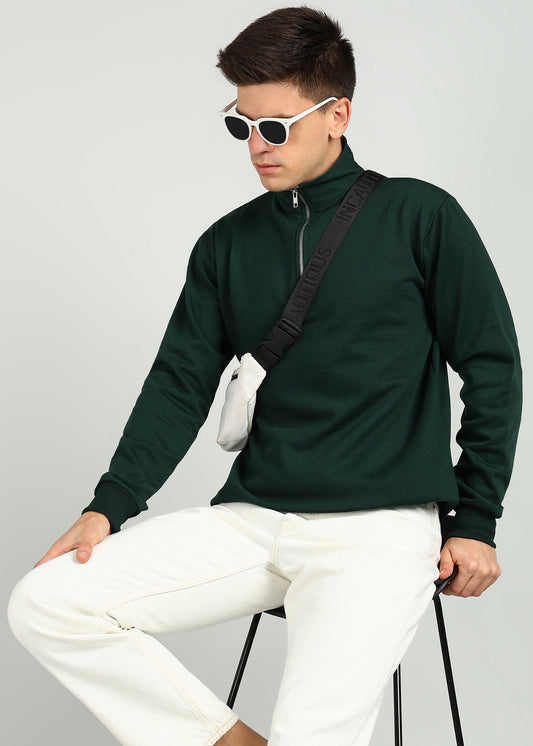 BOTTLE GREEN HALF ZIPPER SWEATSHIRT REGULAR FIT