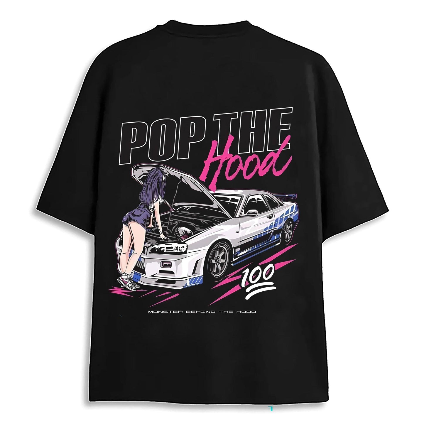 POP THE HOOD CARS BLACK OVERSIZED T-SHIRT