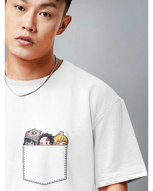 ANIME DEMON POCKET WHITE OVERSIZED T-SHIRT