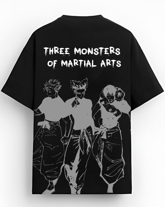 THREE MONSTERS OF MARTIAL ARTS BLACK OVERSIZED T-SHIRT