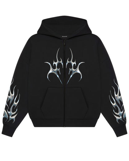 SILVER FLAMES BLACK ZIPPER HOODIE REGULAR FIT