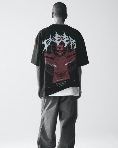 LUNAR DEER JUNGLE SKULL BLACK OVERSIZED T-SHIRT